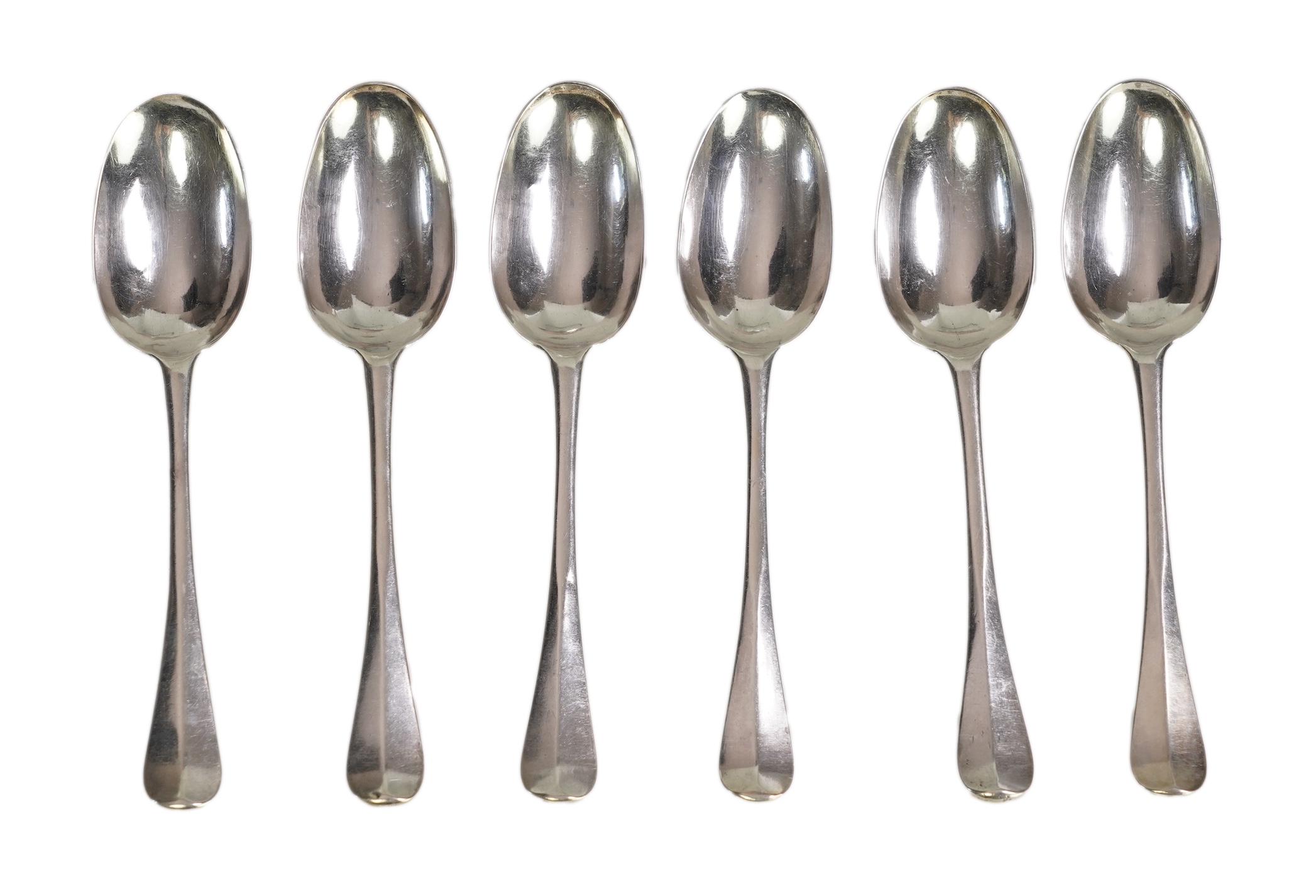 A set of six late George I silver Hanoverian rat tail table spoons, by Hugh Arnott & Edward Pocock